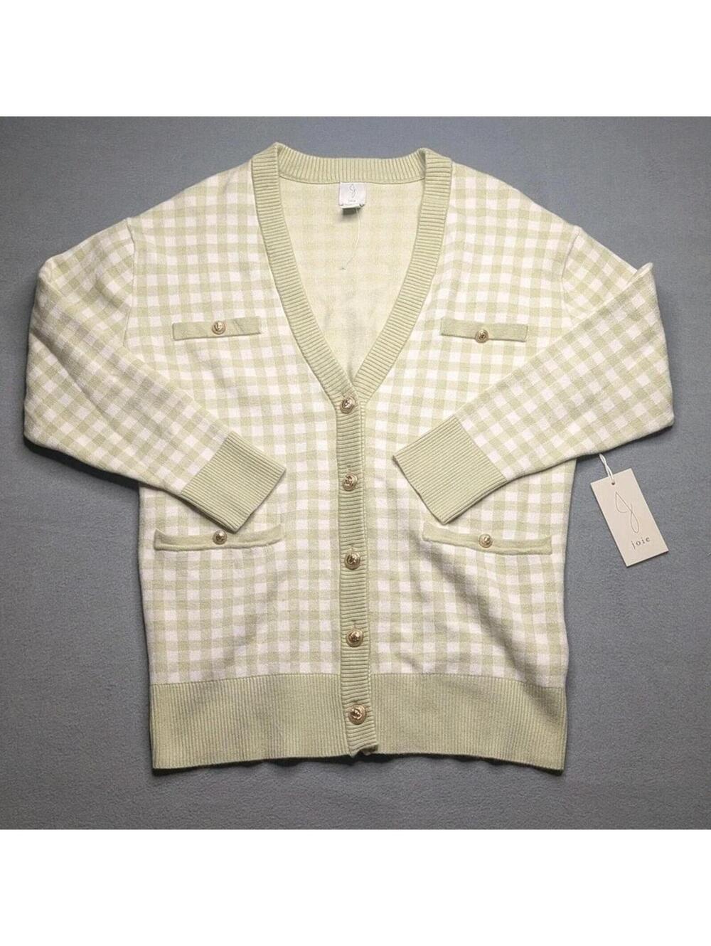 Joie Sweater Cardigan Womens M Green Gingham Check V Neck Button Knit Pockets